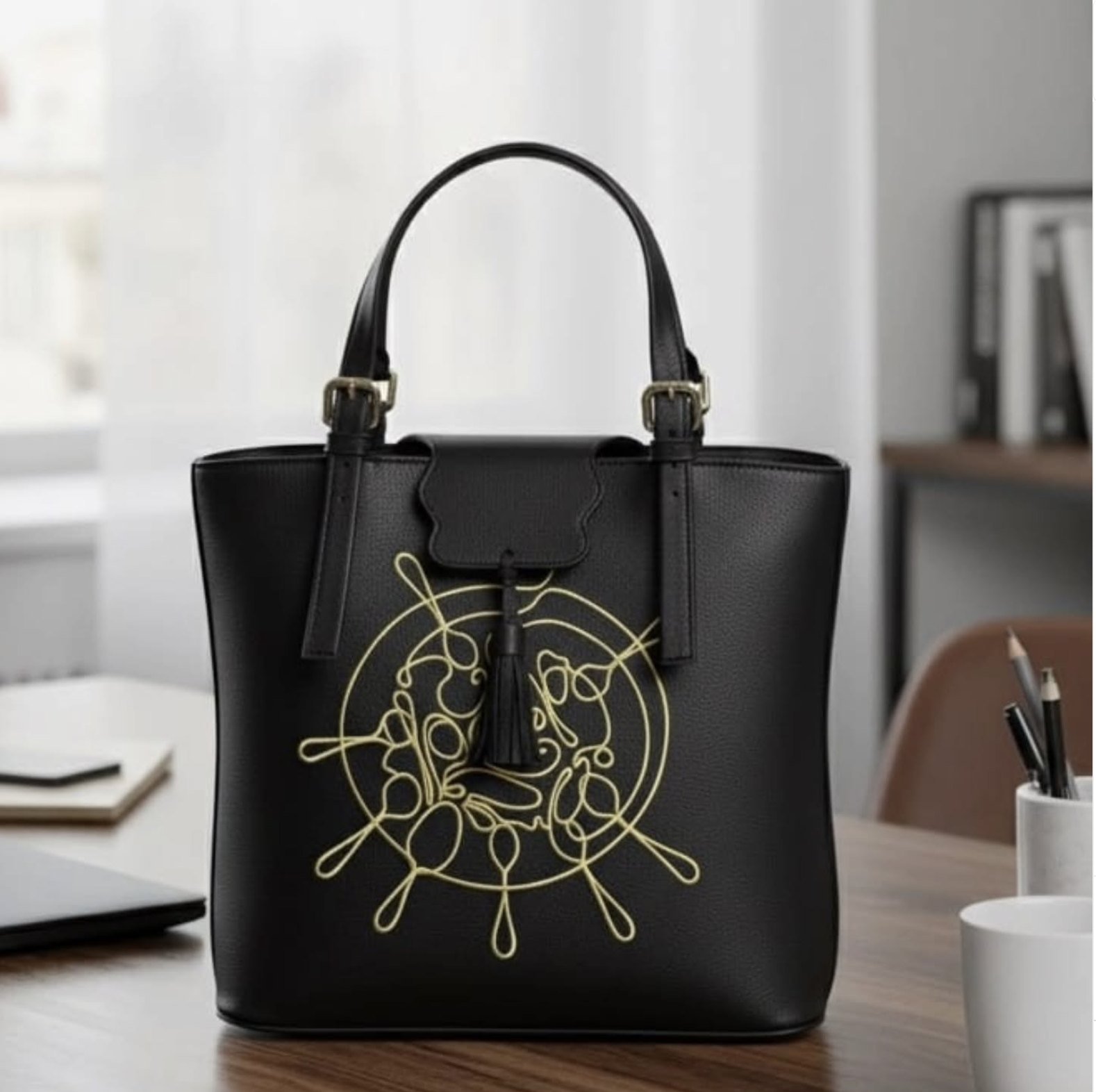 Sac cabas Tétatou noir à broderie dorée